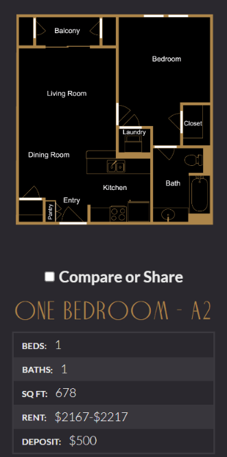 Floor plan for 1 bed, 1 bath, 678 sqft